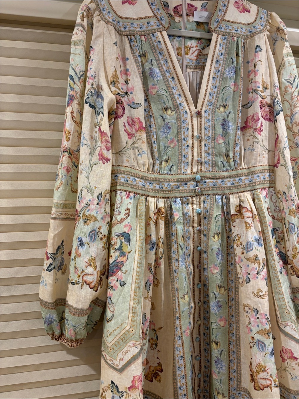 NWOT Zimmermann Floral Embroidered Cream & Sage Linen Mini Dress, Size AU 0 = XS - Picture 3 of 6
